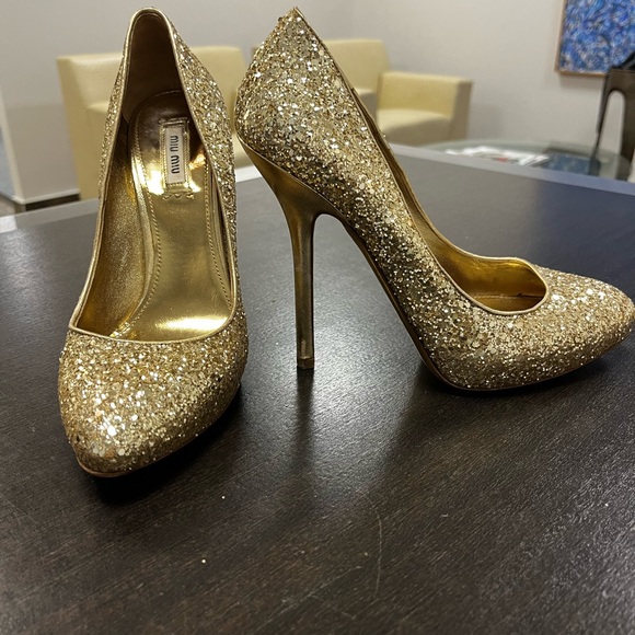 MIU MIU Argento Gold Glitter Heels EU 38 - Picture 3 of 7